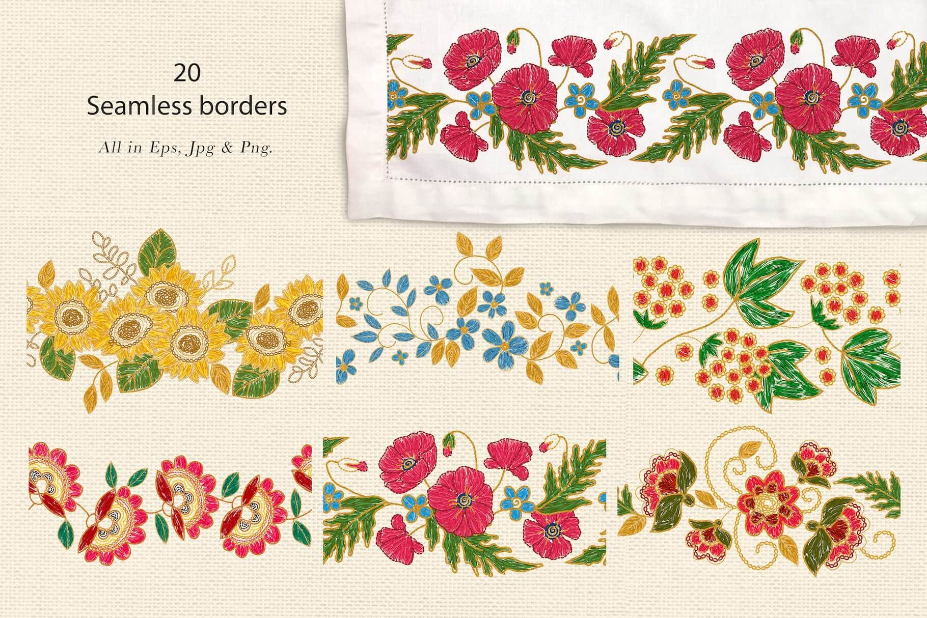 20 seamless borders with with poppies, sunflowers, viburnum and others.