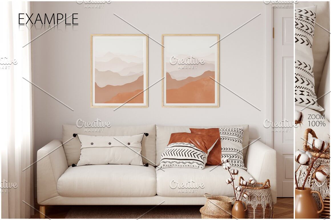 An example of wall mockup sets, two paintings and a beige sofa.