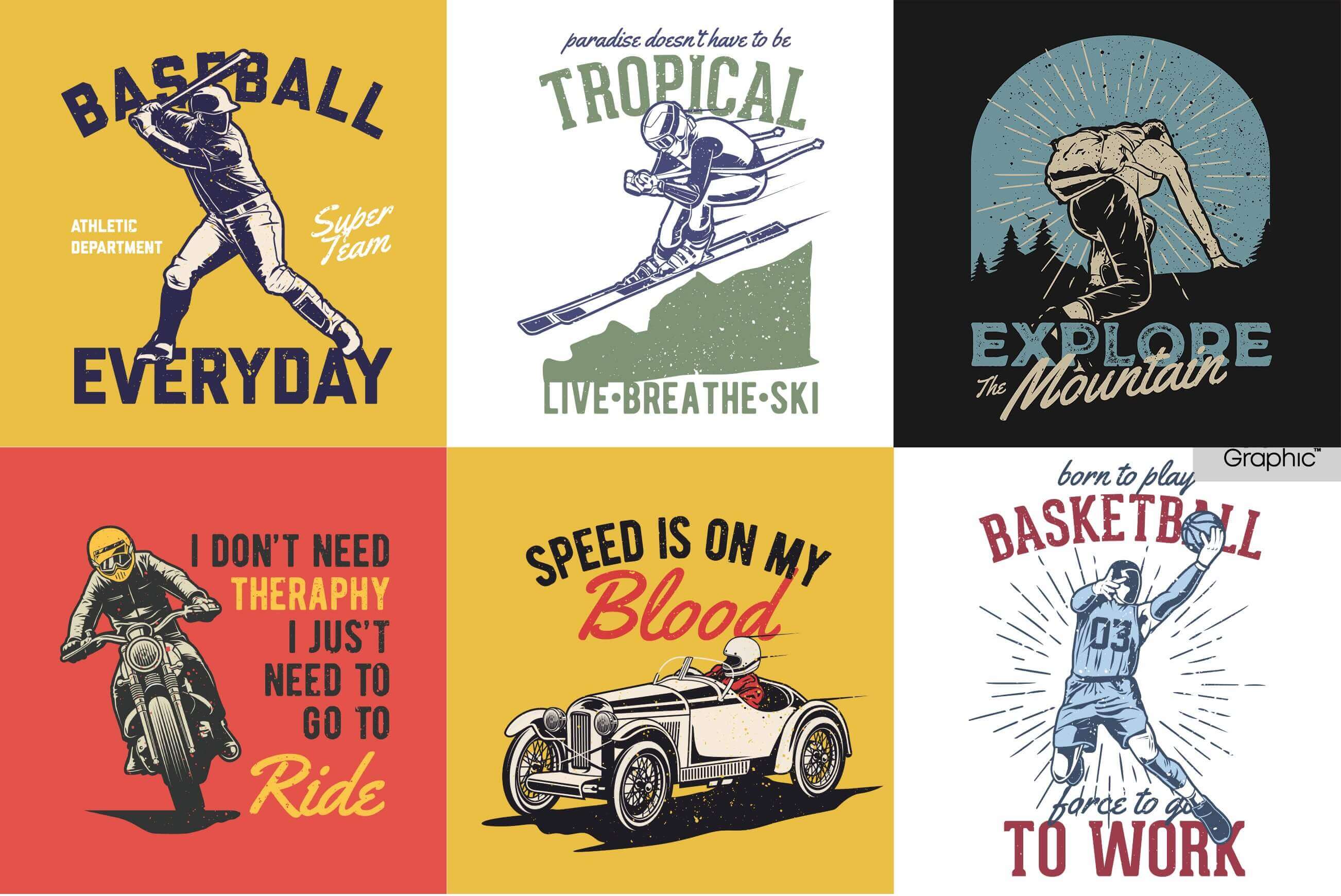 Sports designs with slogans for t-shirts.