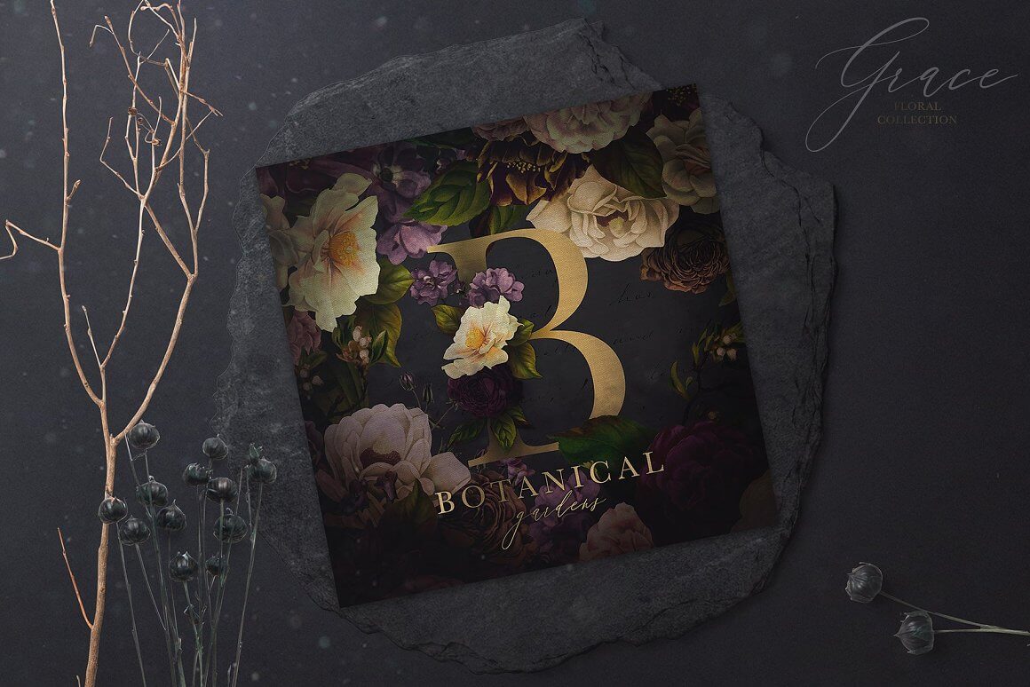 Dark postcard on a black background with flowers and inscriptions: Botanical grace.