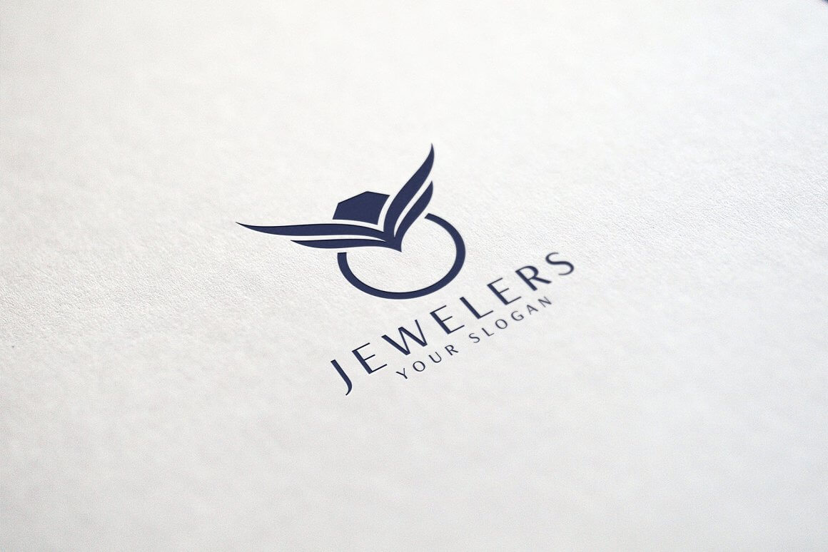 Large blue logo of jewelry rings with the name on structural white paper.