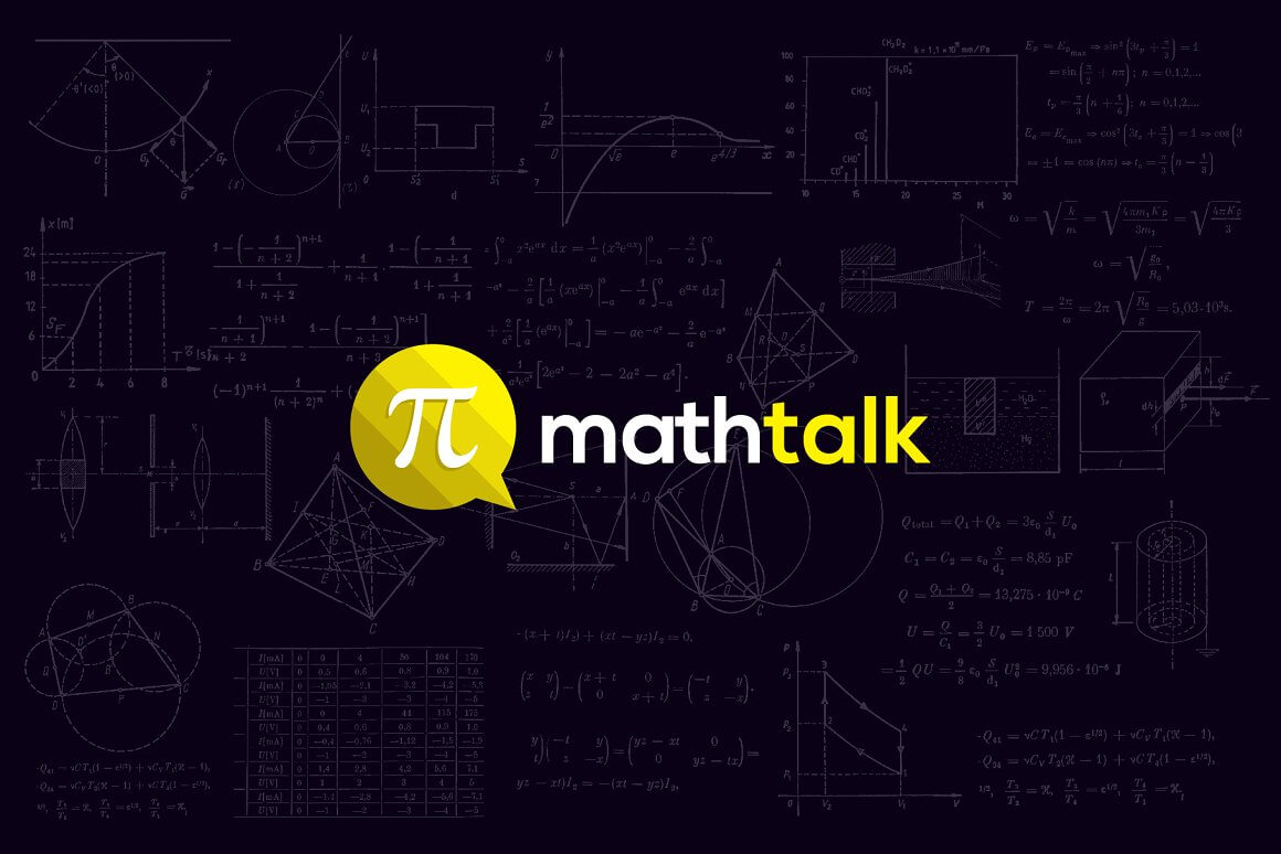 A large yellow and white Math Talk logo on a dark purple background with geometric shapes and formulas.