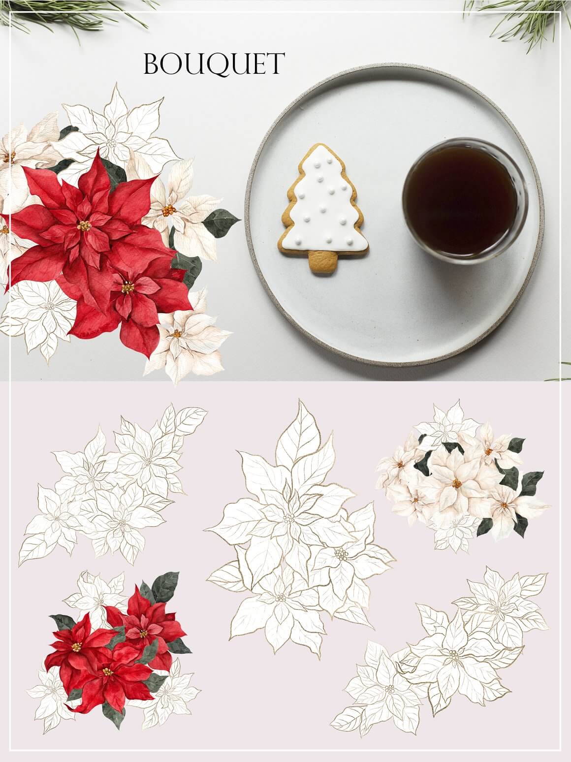 Christmas cookies and warm coffee, and next to them a bouquet of poinsettias.