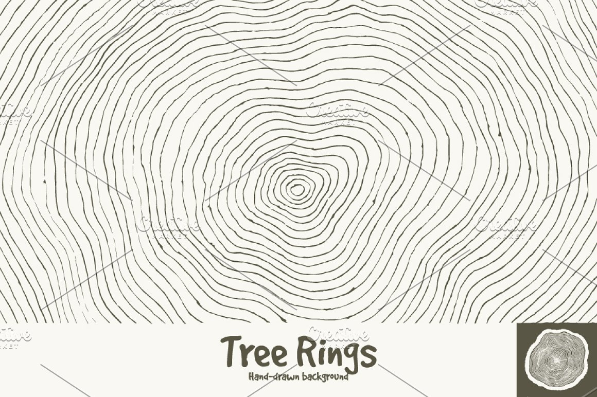 Close-up of age-old tree rings and the title "Tree Rings, Hand-drawn background" at the bottom.