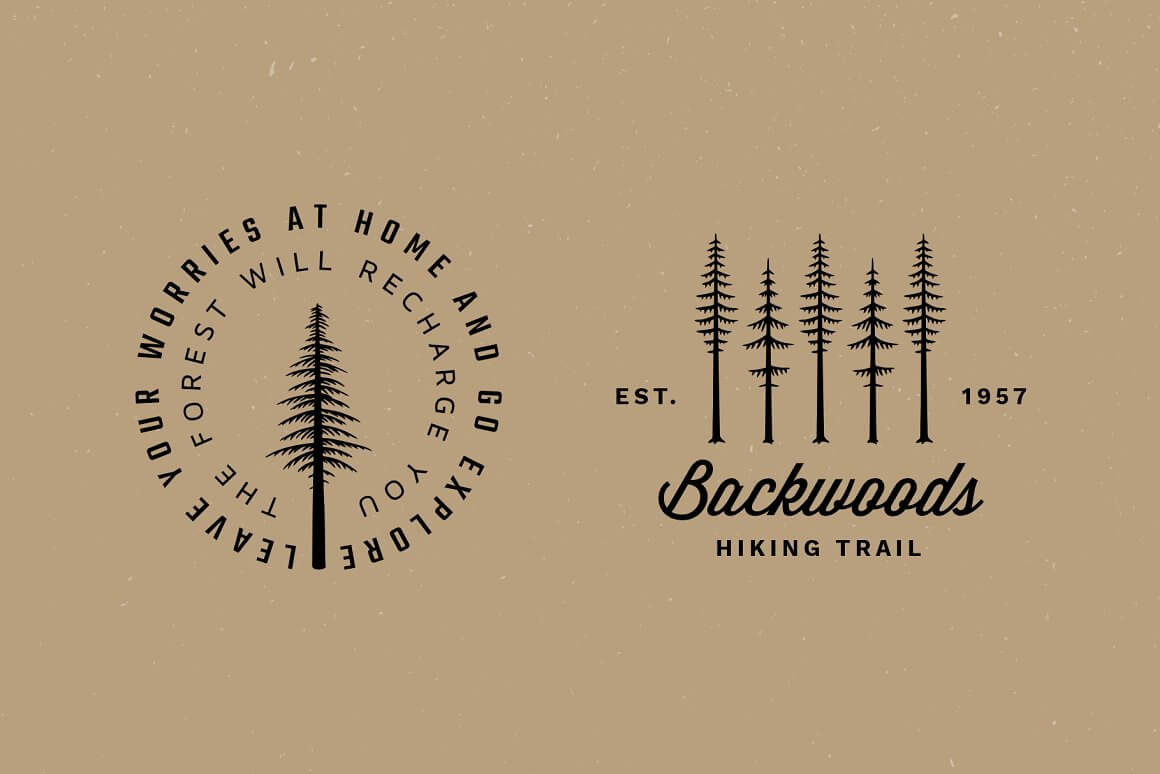 A large oval black logo with vintage trees and a large Backwoods logo with no border on a beige background.