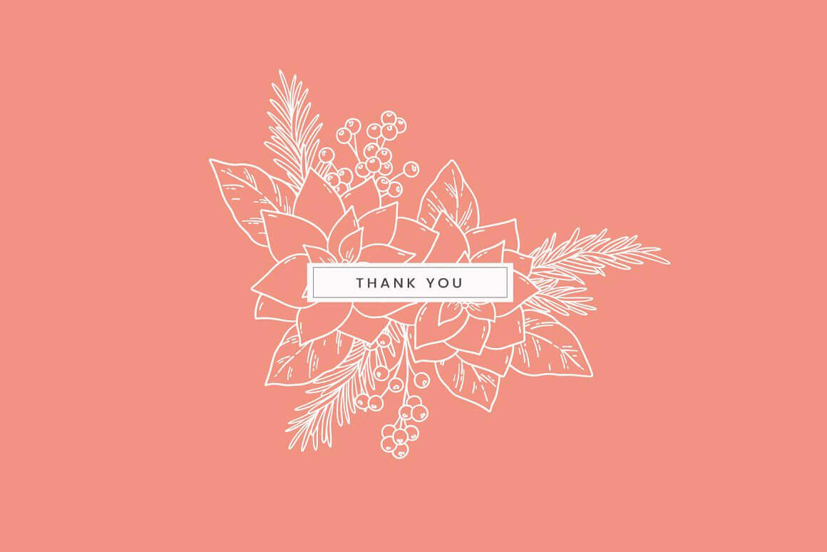 On a peach background, winter foliage and the inscription thank you are drawn.