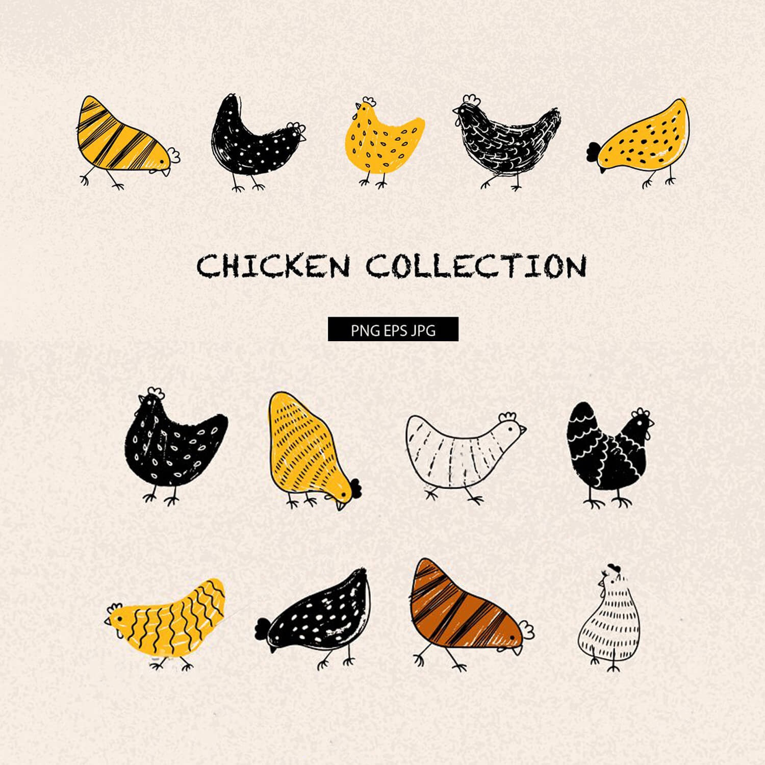 The image of chickens in stripes, dots, in wavy lines.