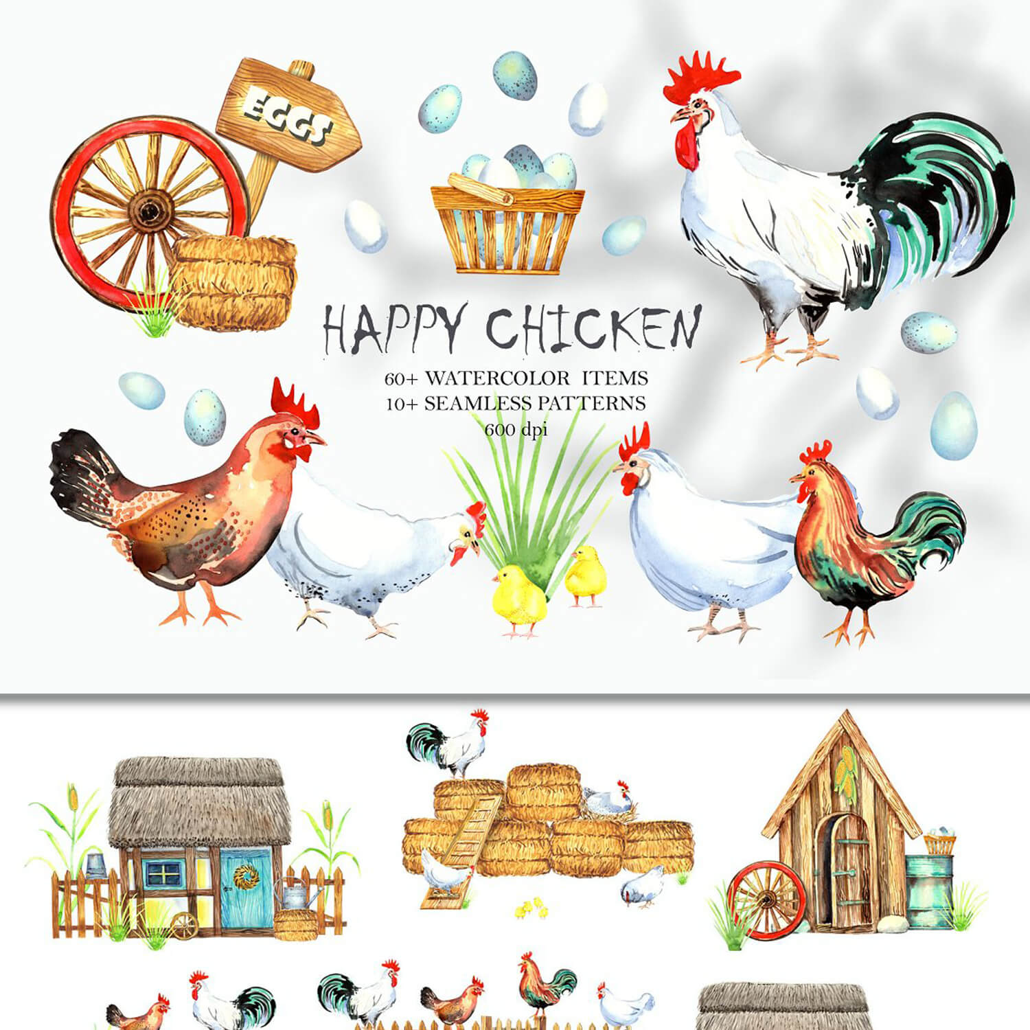 Compositions of rural life depicting happy chickens.