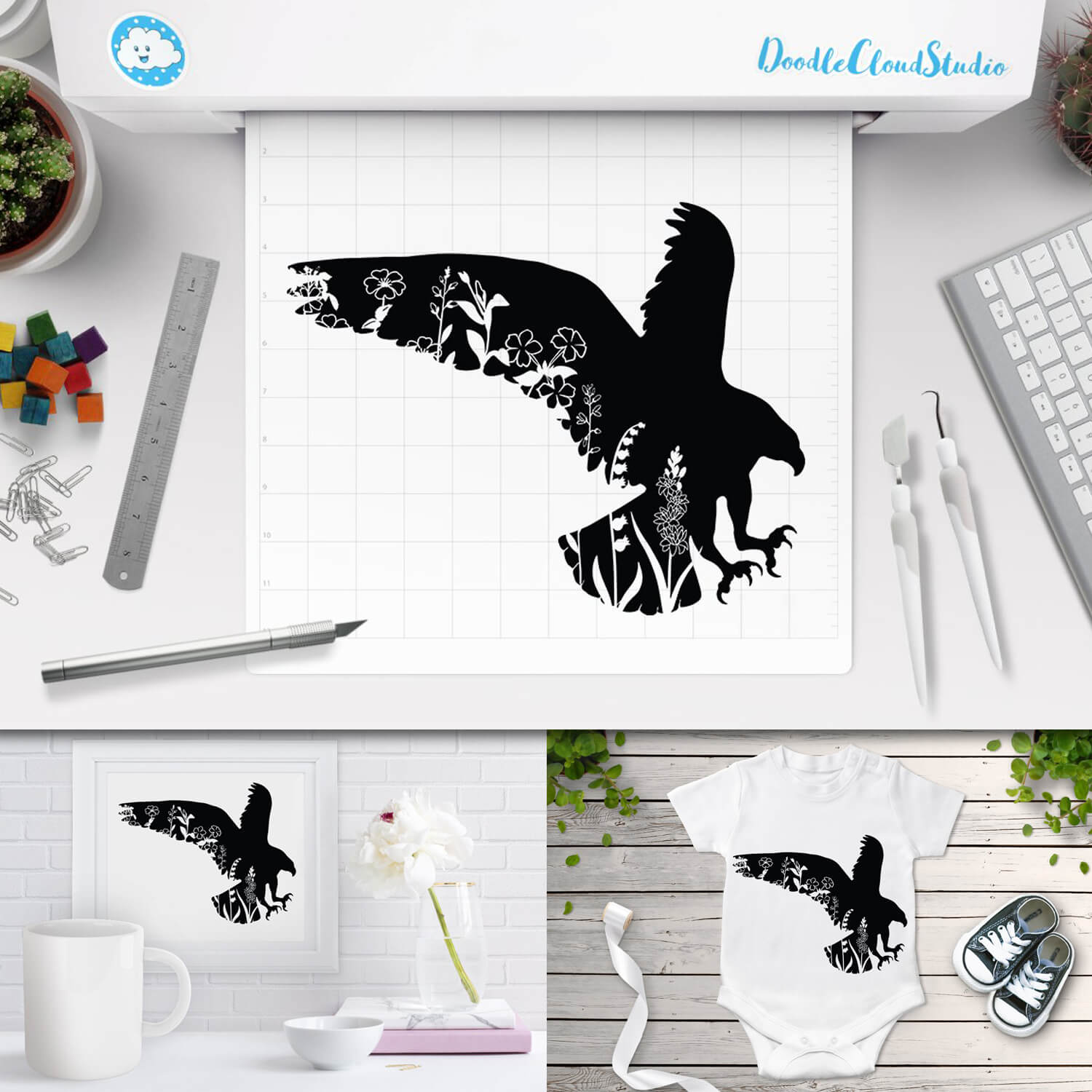 The design of the black floral eagle can be used on clothes, in the interior and at work.