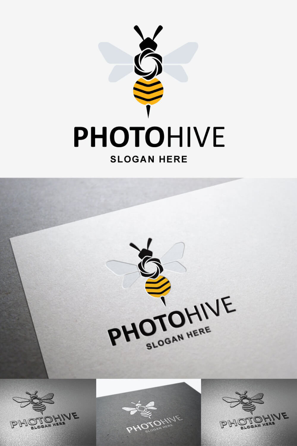 Black and yellow bee logo on a gray background.