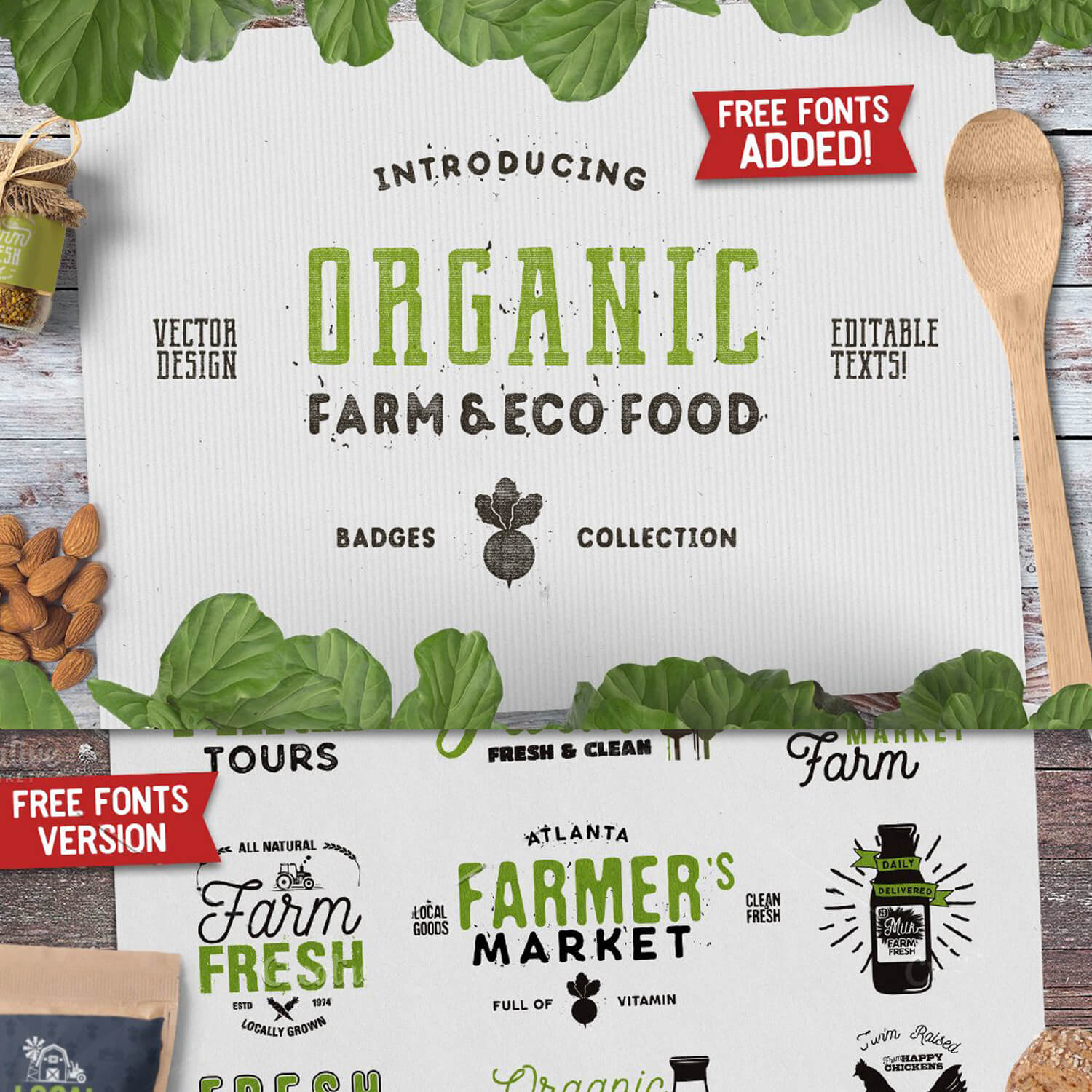 Free fonts version, farm and eco food and badges collection.