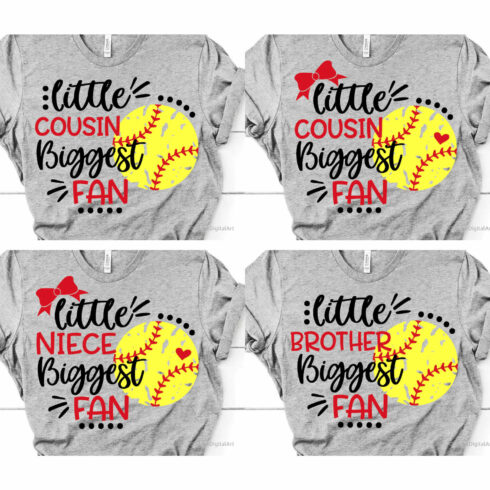 Four gray bodysuits with cute slogans for the littlest softball players with red bows and yellow baseballs.