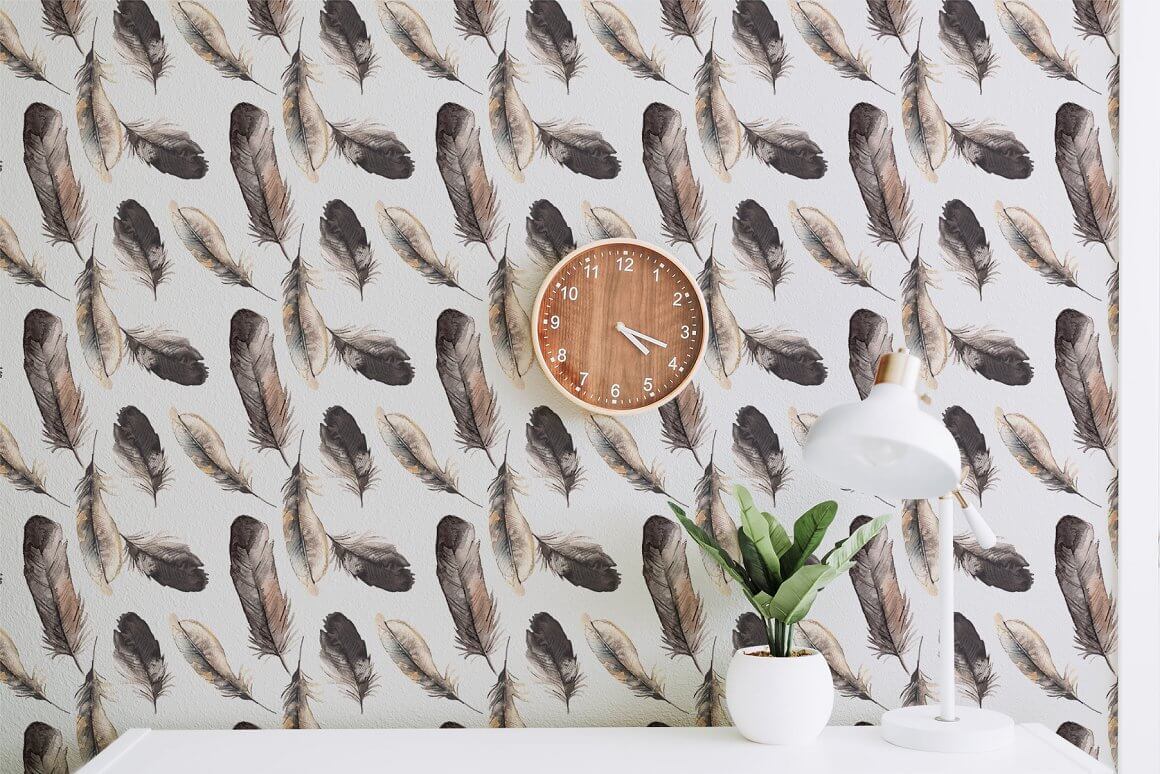 Wallpaper with a watercolor pattern of feathers.