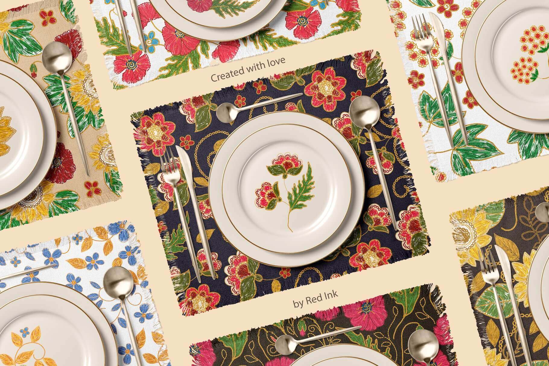 Floral Ukrainian design on a plate and tablecloth made with love.