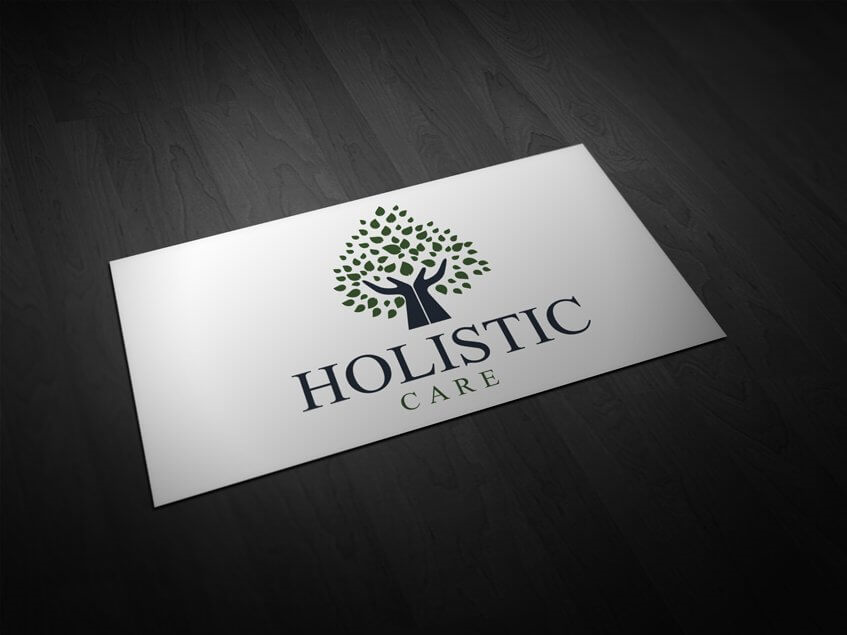 Business card with a logo in the form of human hands in the shape of a tree trunk.