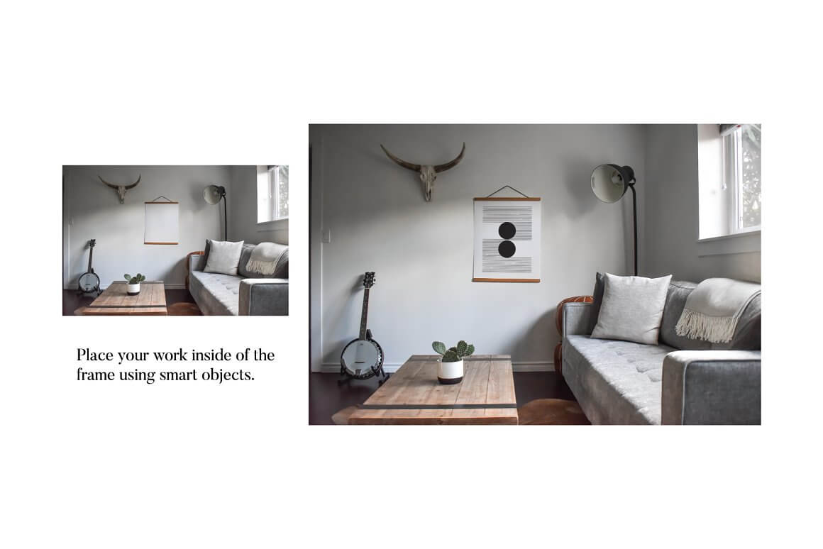 Two photos with interiors and a horned skull on the wall and the inscription "Place your work inside of the frame using smart objects".
