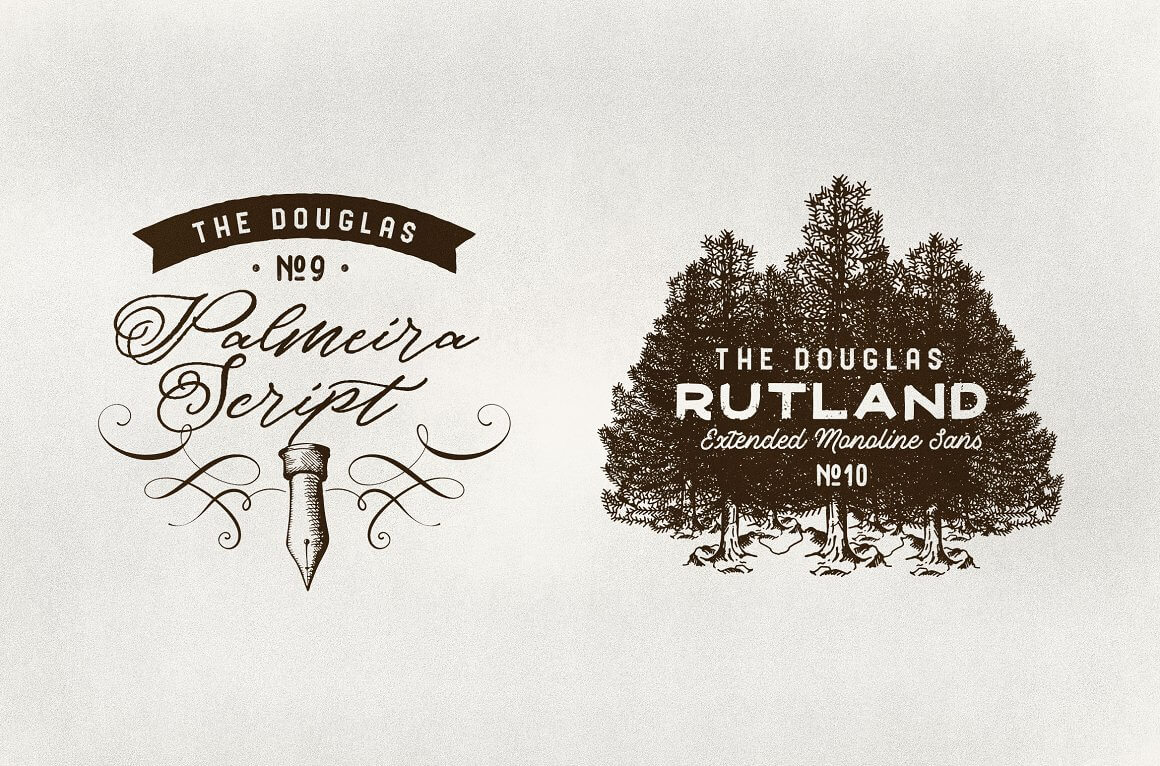 Logos with the image of trees and a feather pen.