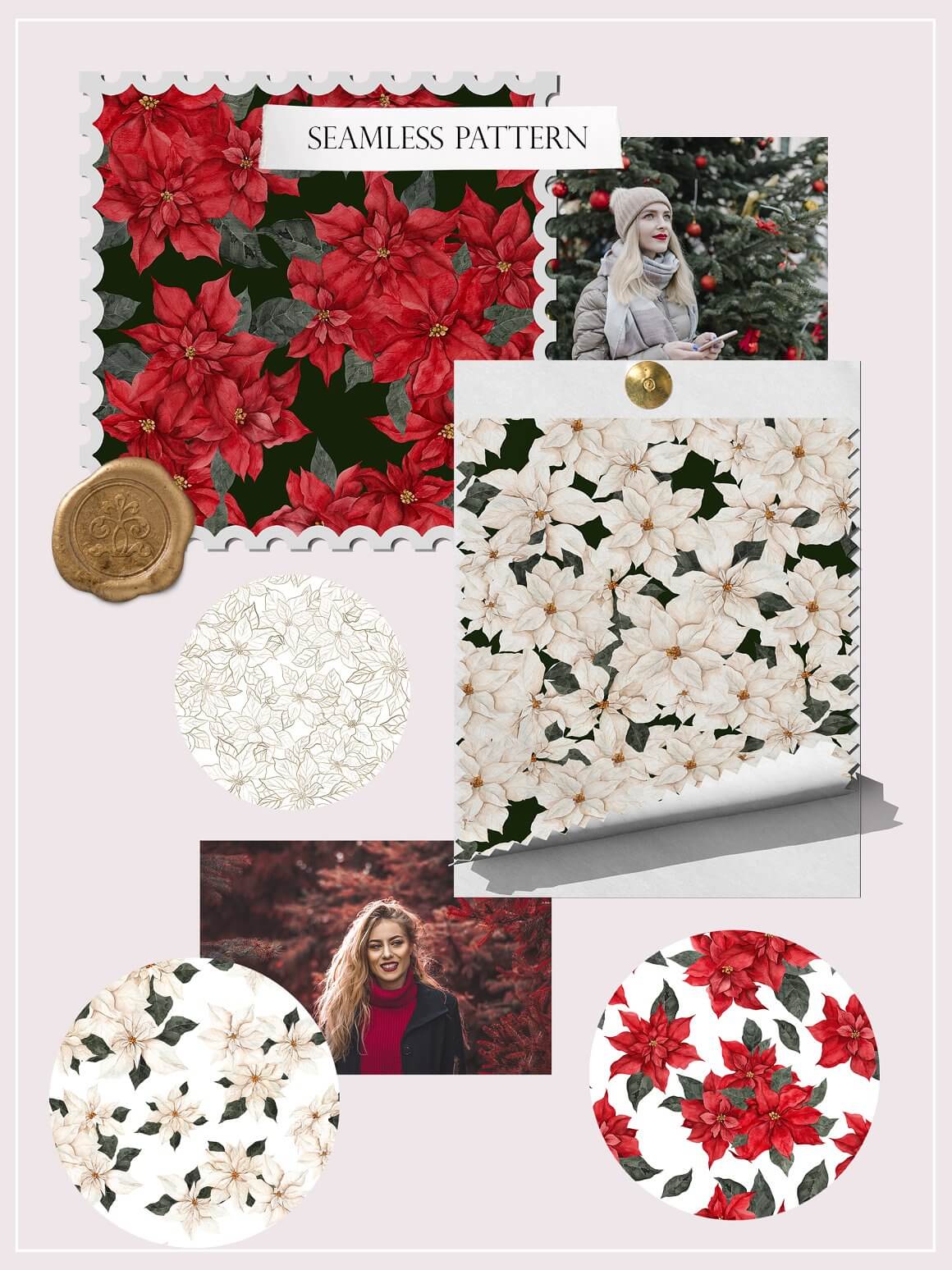 Seamless pattern with white and red poinsettia.