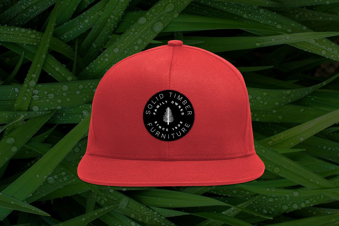 A black logo with vintage trees on a red baseball cap with a background of green leaves with dew.