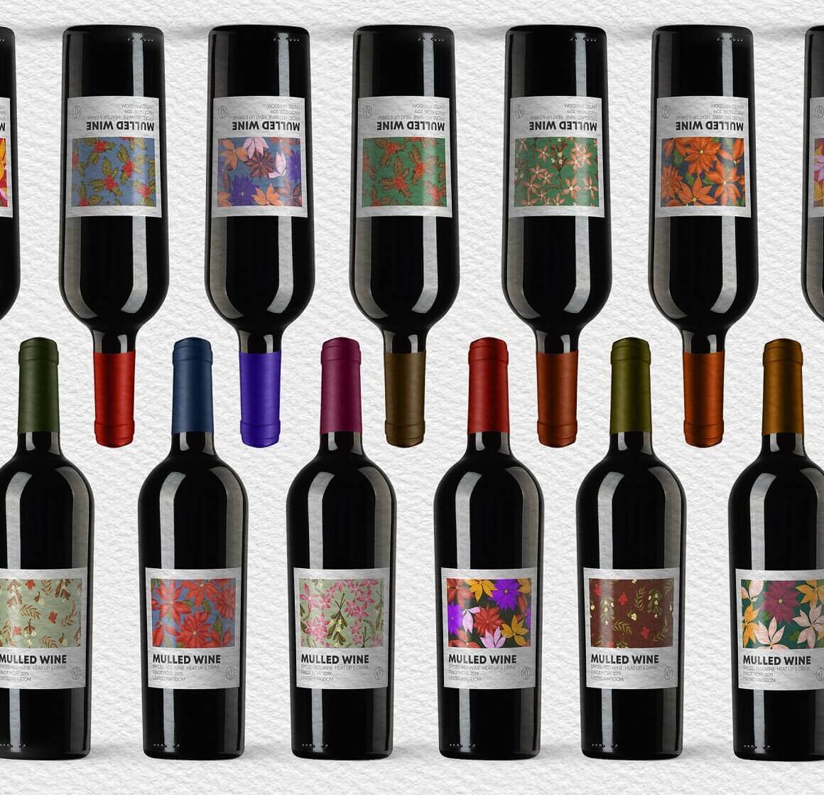 Wine bottles with labels in retro Christmas style.