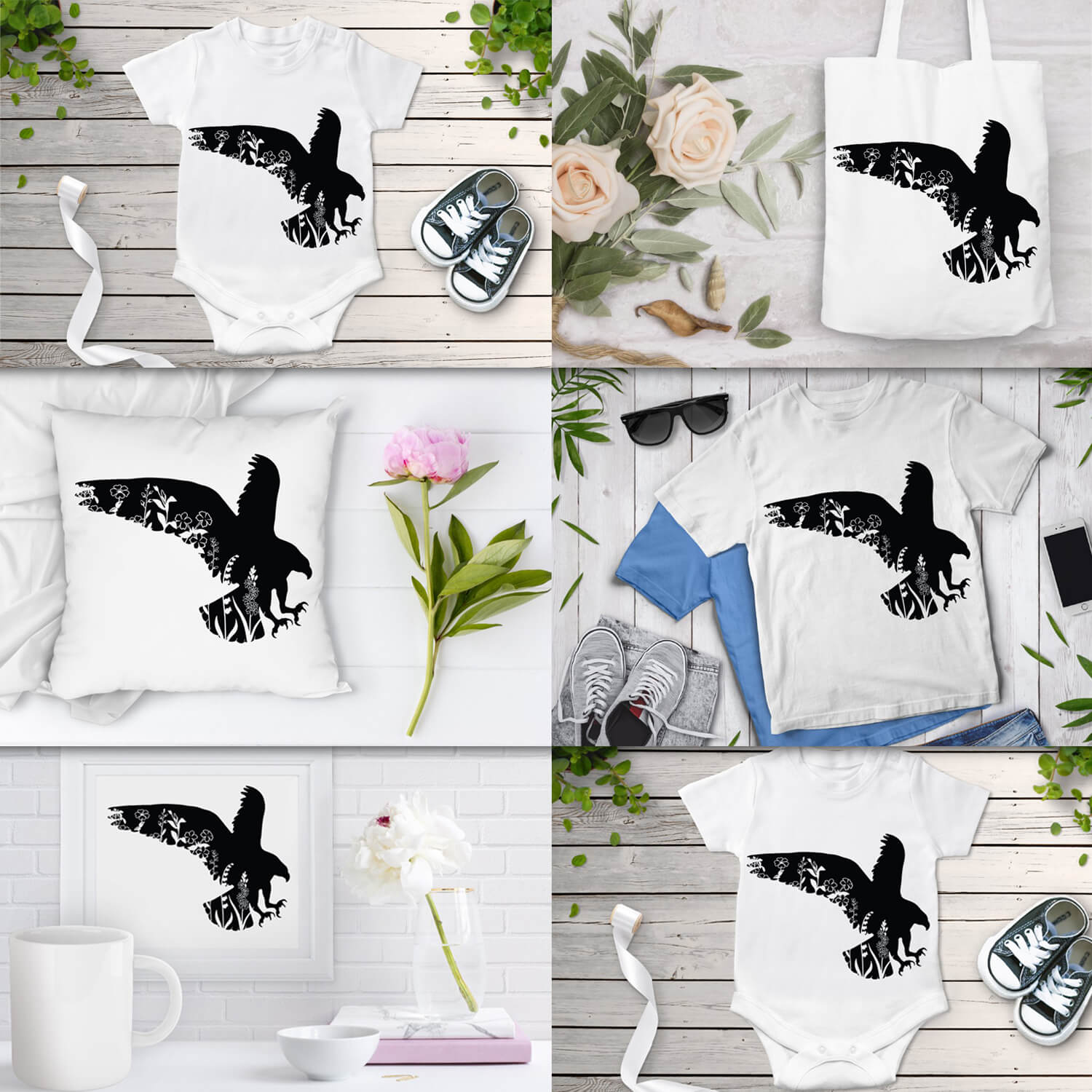 6 slides featuring a black floral eagle on 6 different white everyday pieces.
