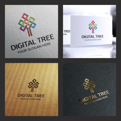 Four large images with different variations of the digital tree logo.