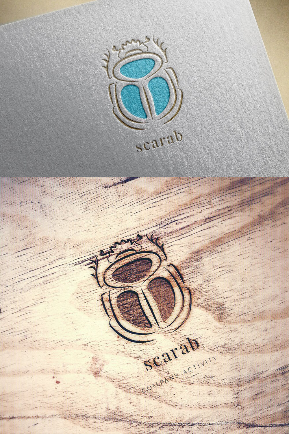 Two logos with images of skorobei on paper and wooden backgrounds.