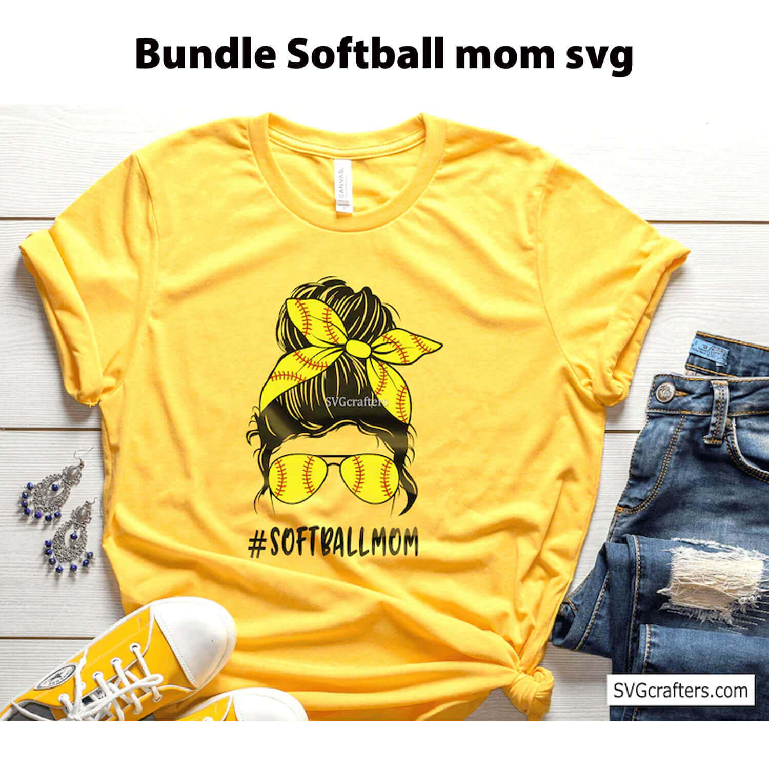 A yellow T-shirt with a softball design mom, jeans and yellow sneakers.