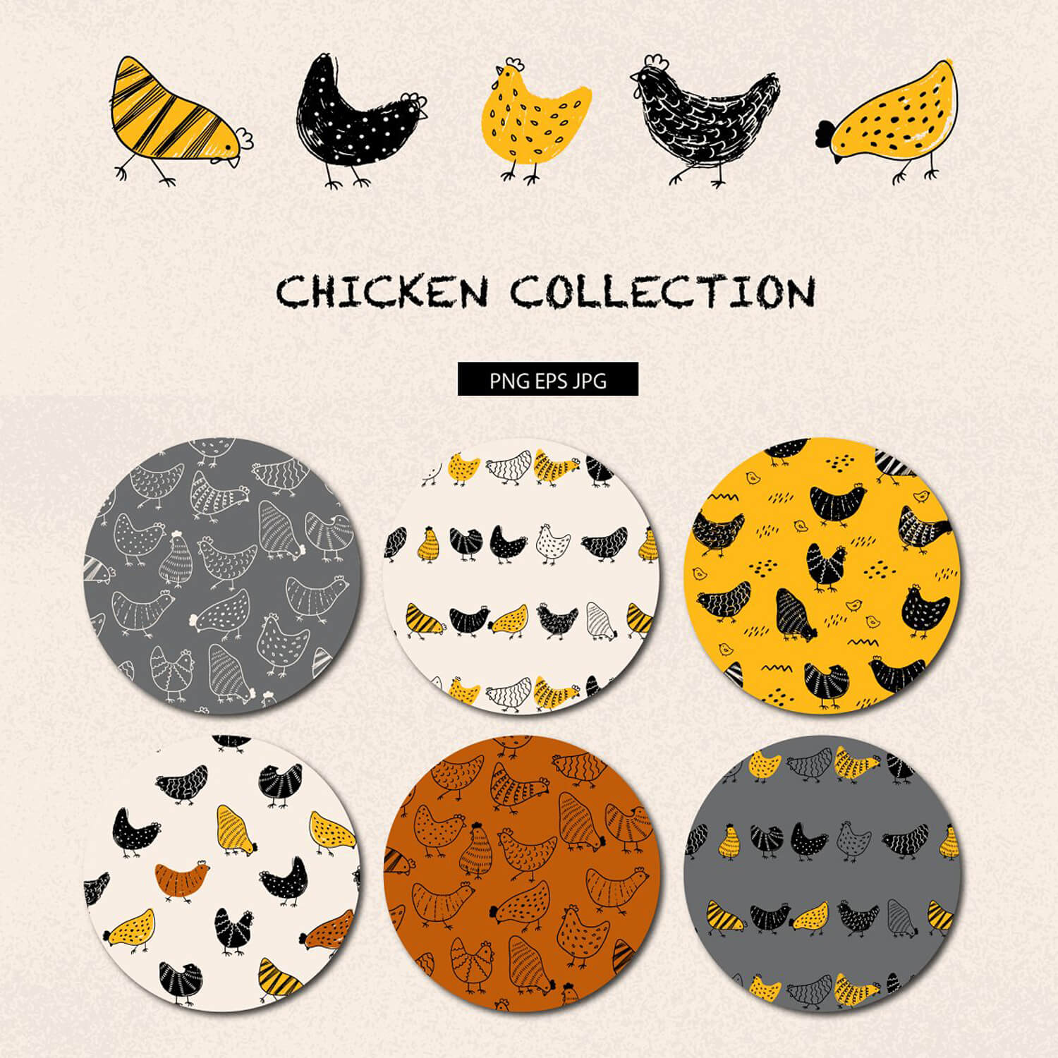 Plates decorated with a collection of chicken designs.