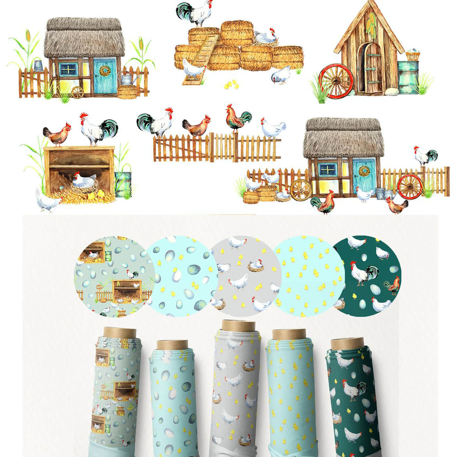 Fabrics depicting happy chickens on different backgrounds.
