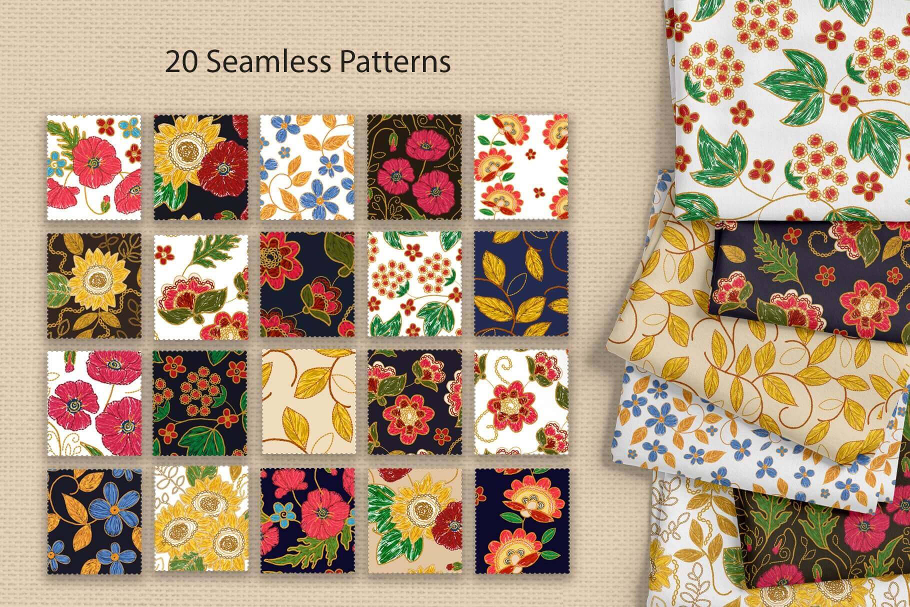 20 seamless Ukrainian patterns with different flowers on the different backgrounds.