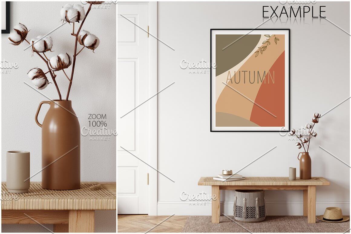 A picture with an autumn theme on a light wall and a flowerpot with cotton branches.