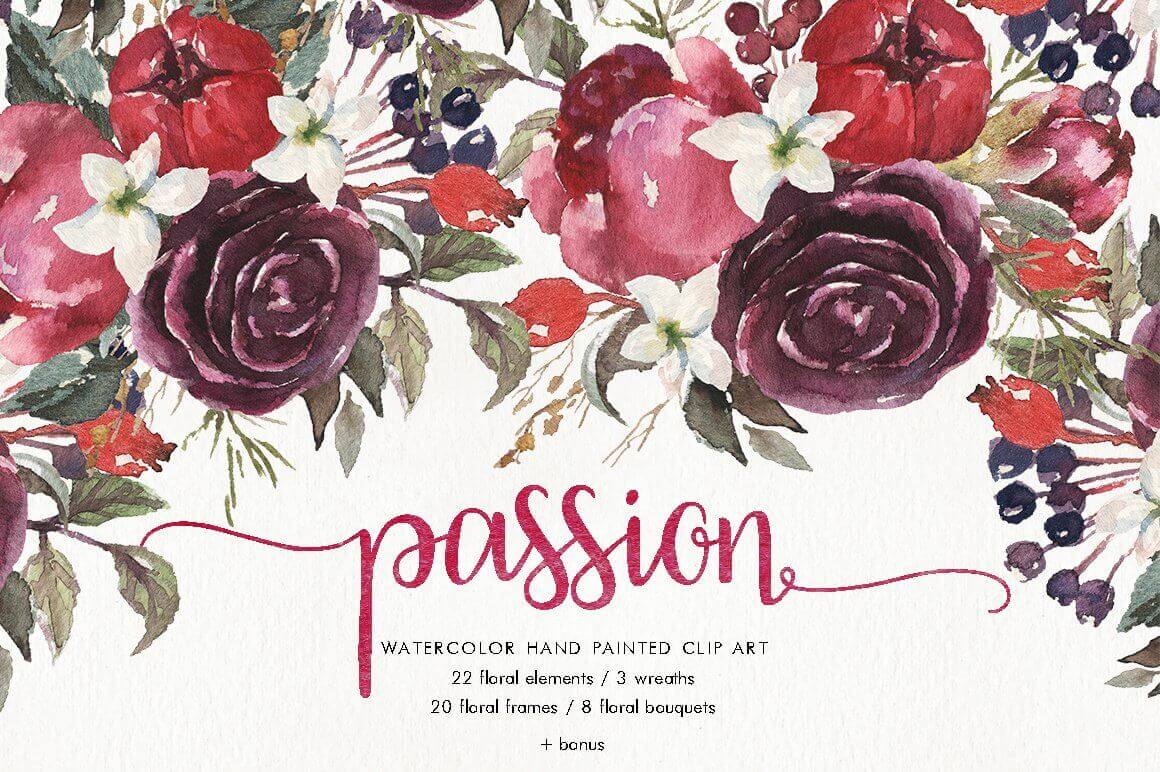 22 floral elements of passion watercolor hand-painted clipart.