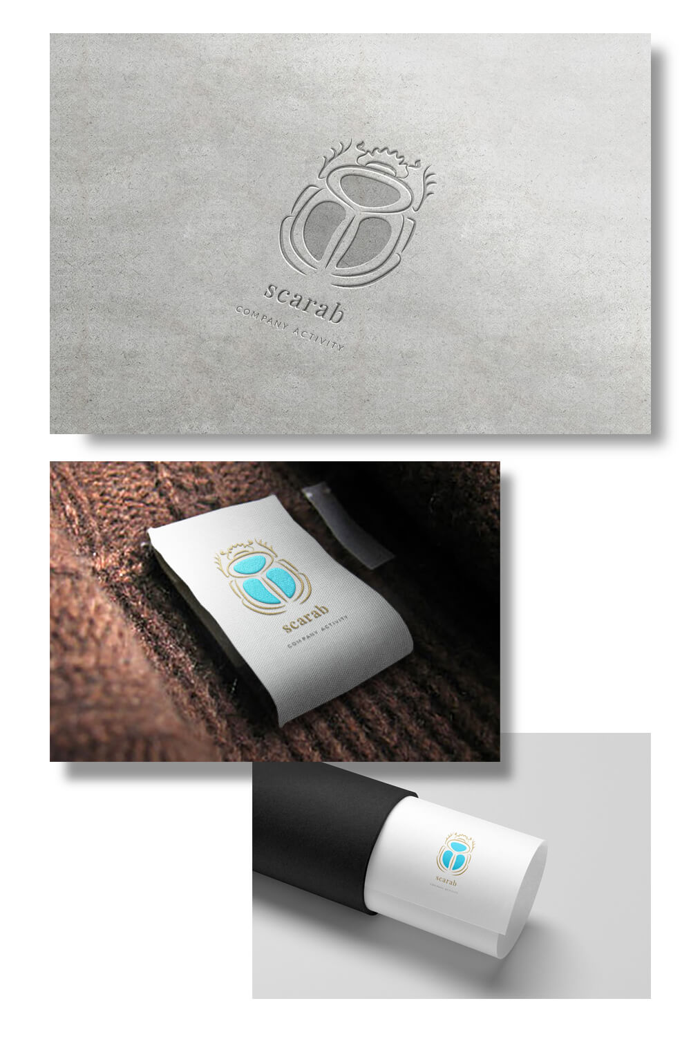 Several options for applying the scarab logo on different textures.