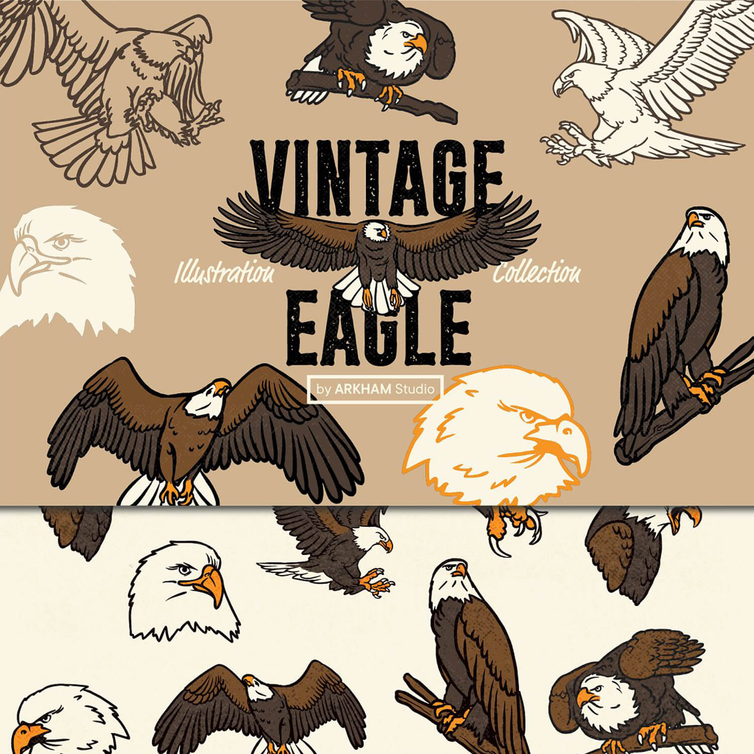 Vintage eagle on the beige and white backgrounds.