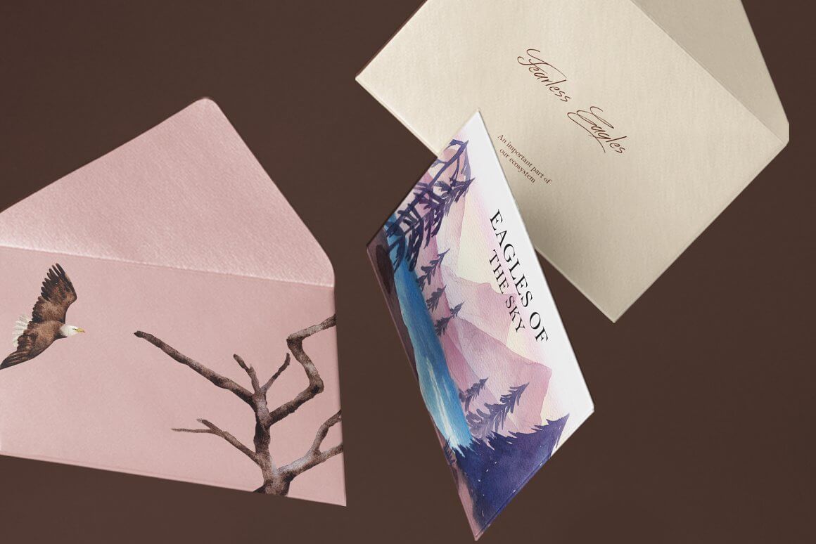 The envelope and card in pink are decorated with proud eagles.
