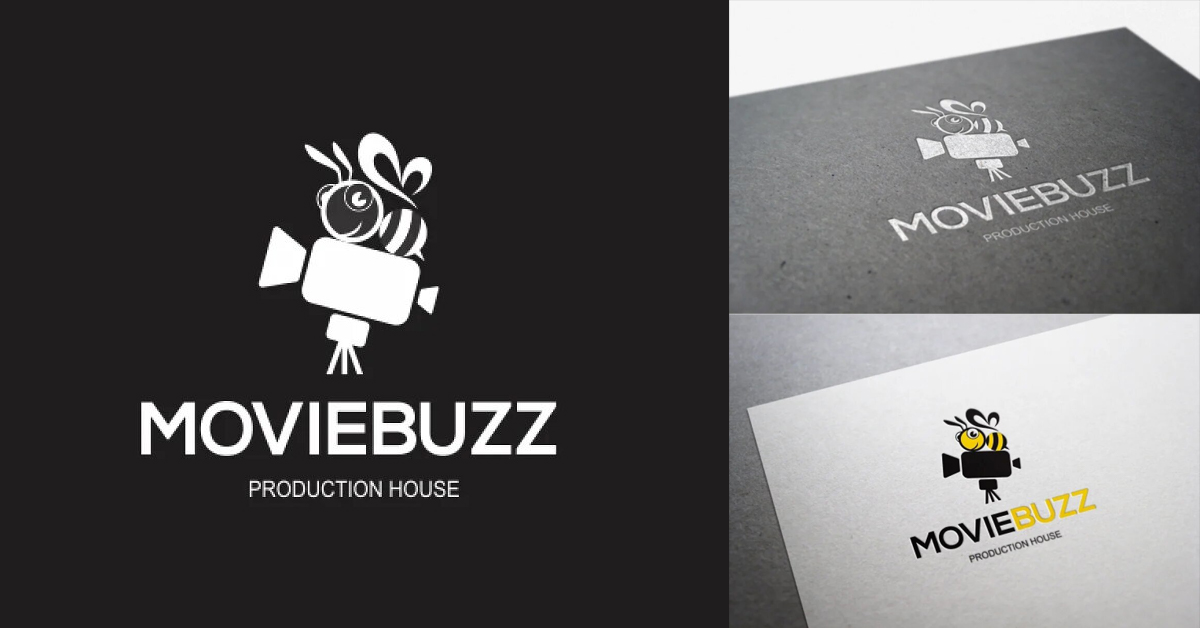 Variants of the Moviebuzz logos on black, gray and white backgrounds.