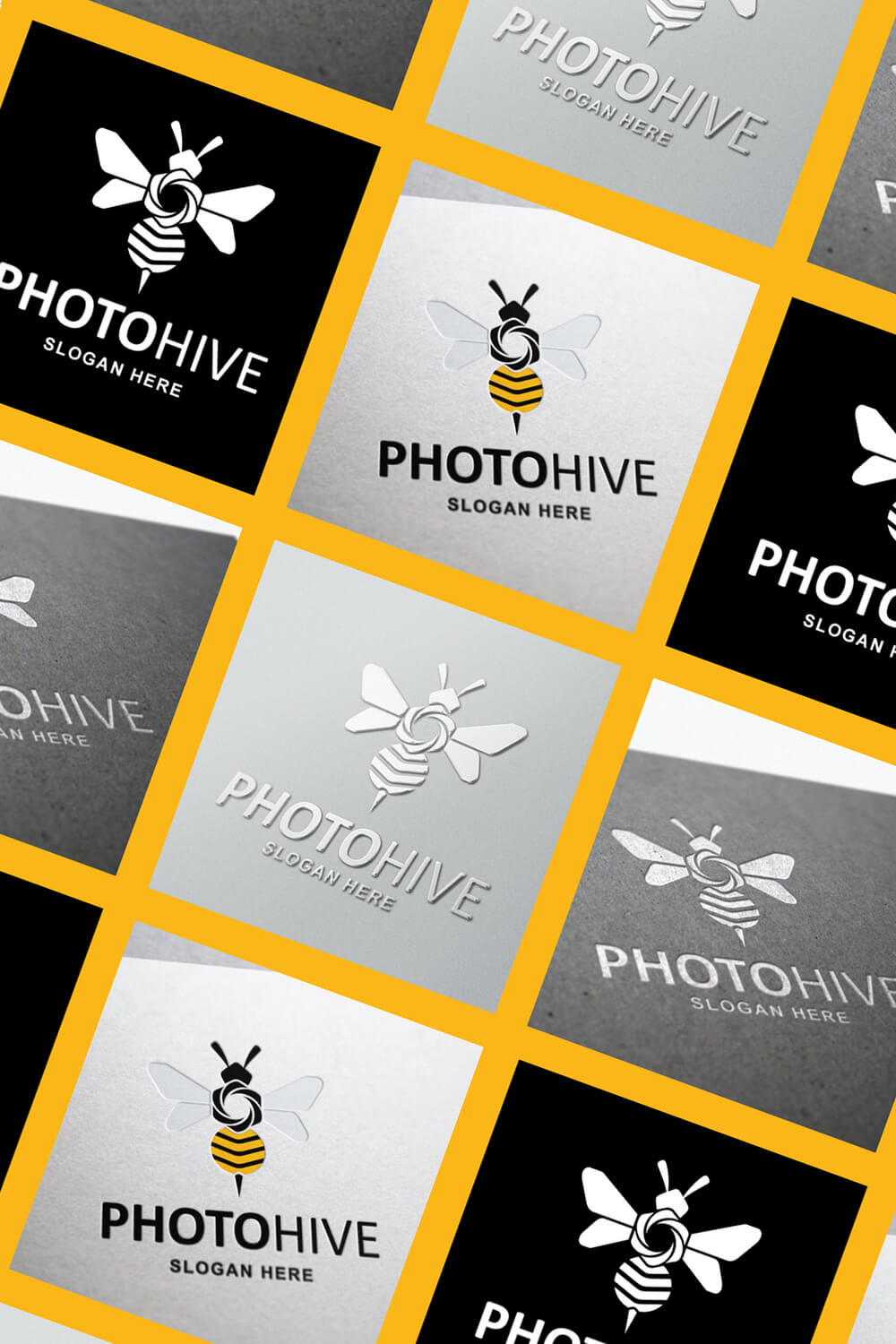 Diagonal image of the logos of bees and the inscription Photohive.