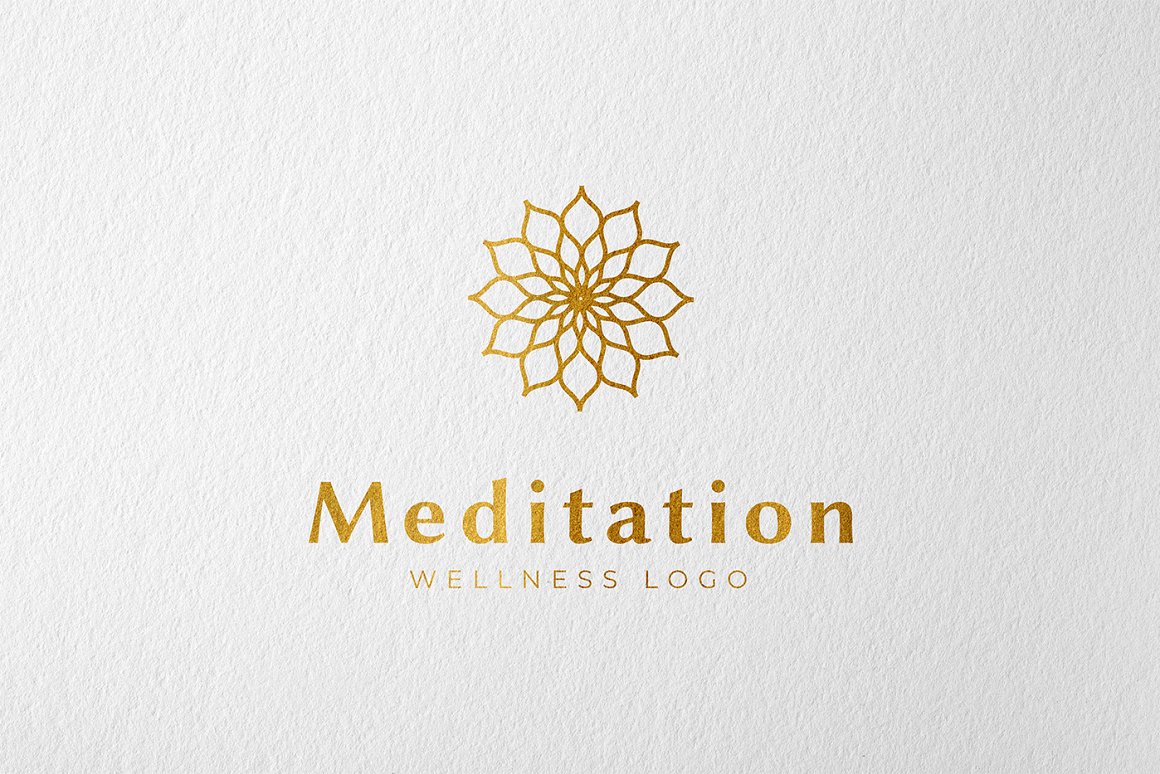Logo with the image of a golden lotus and the inscription meditation on a white textural background.