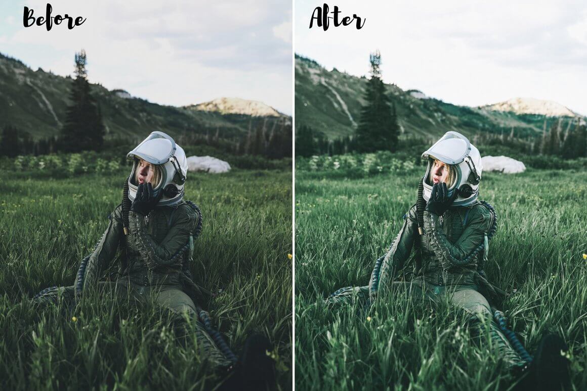 A blonde in a space suit sits in the grass in the mountains.