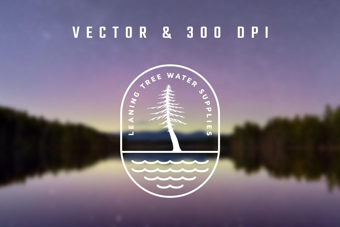 Oval white logo on the background of a blurry forest lake.