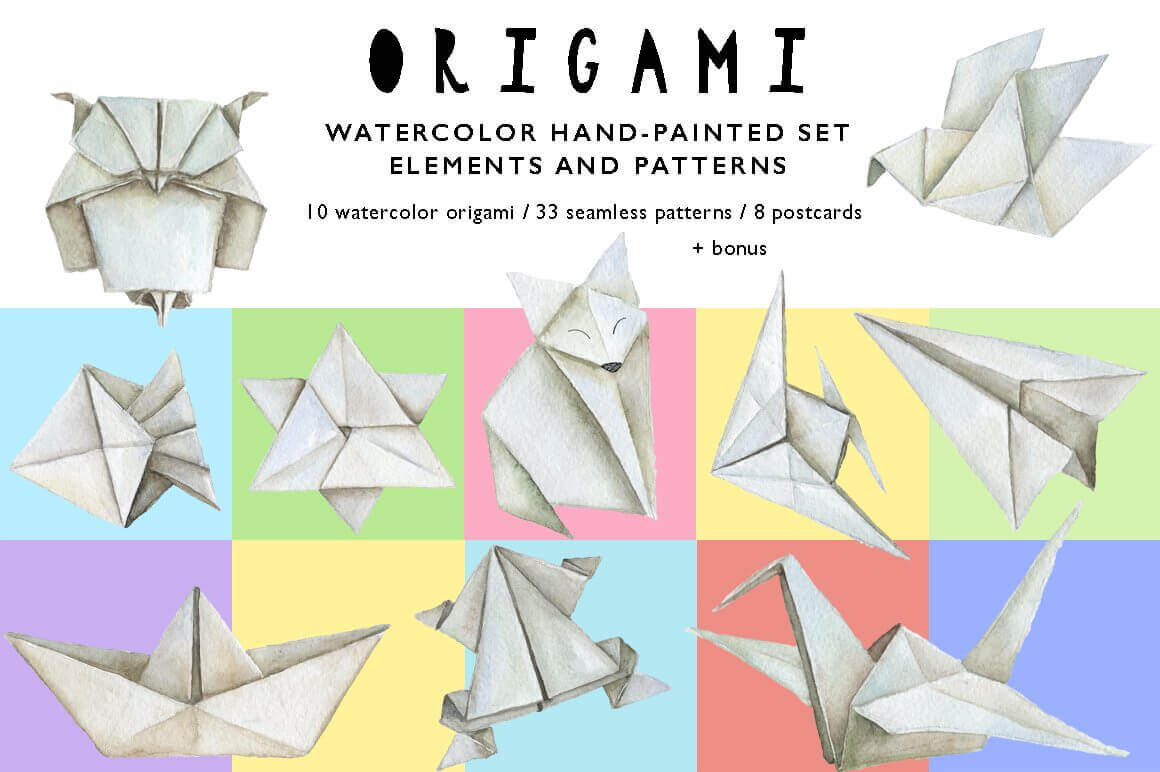 10 watercolor origami, 33 seamless patterns, 8 postcards + bonus of Origami.
