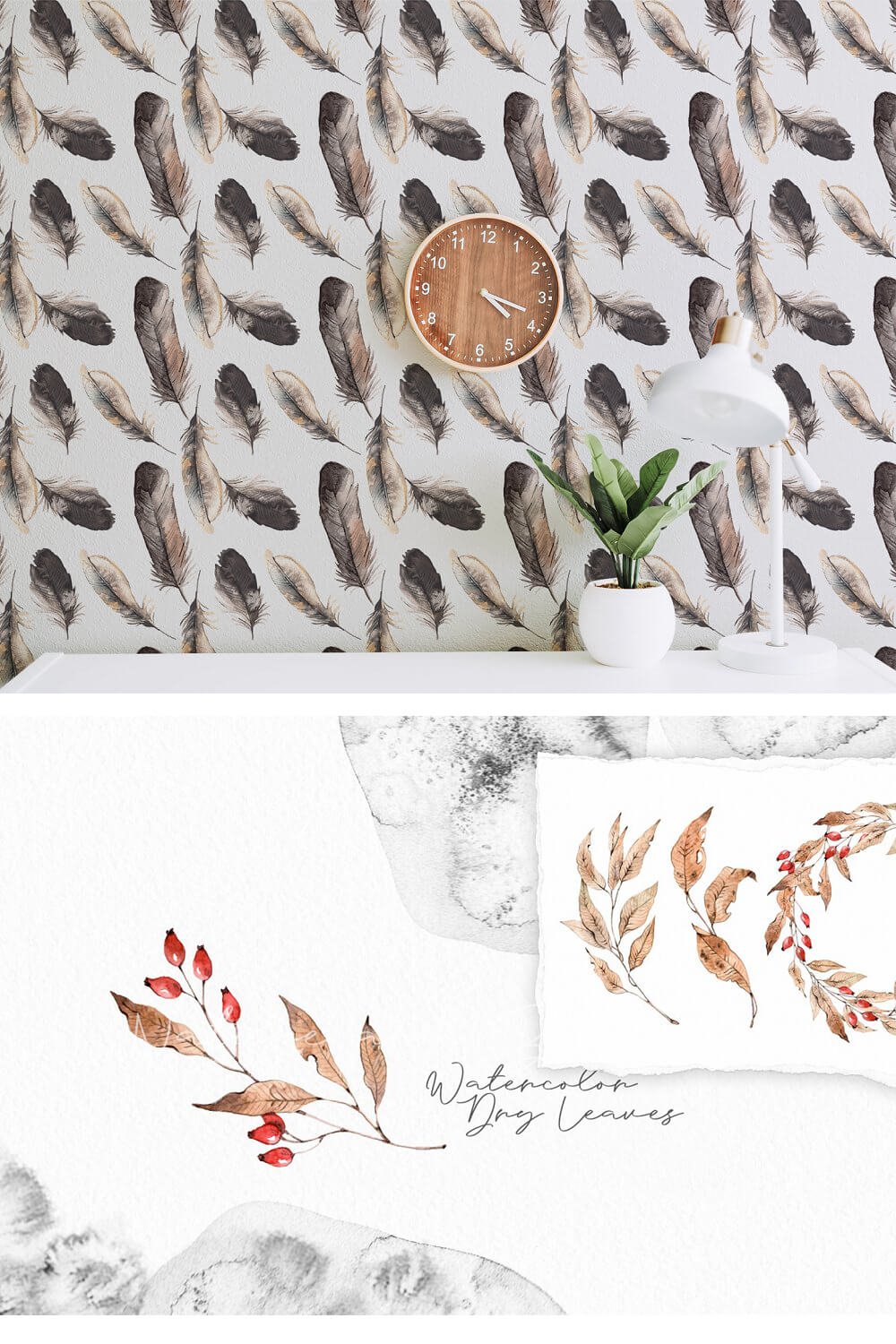 Watercolor drawings of dry leaves and feathers.