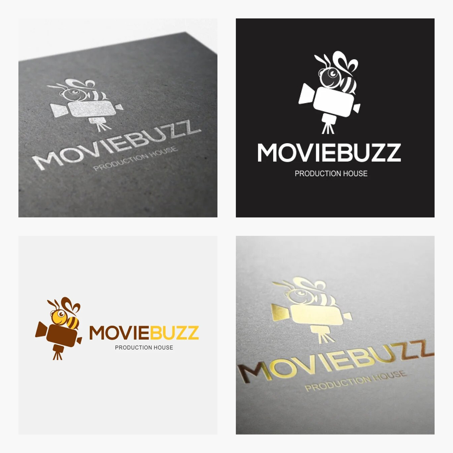 Four images of moviebuzz logos in different backgrounds and different textures.