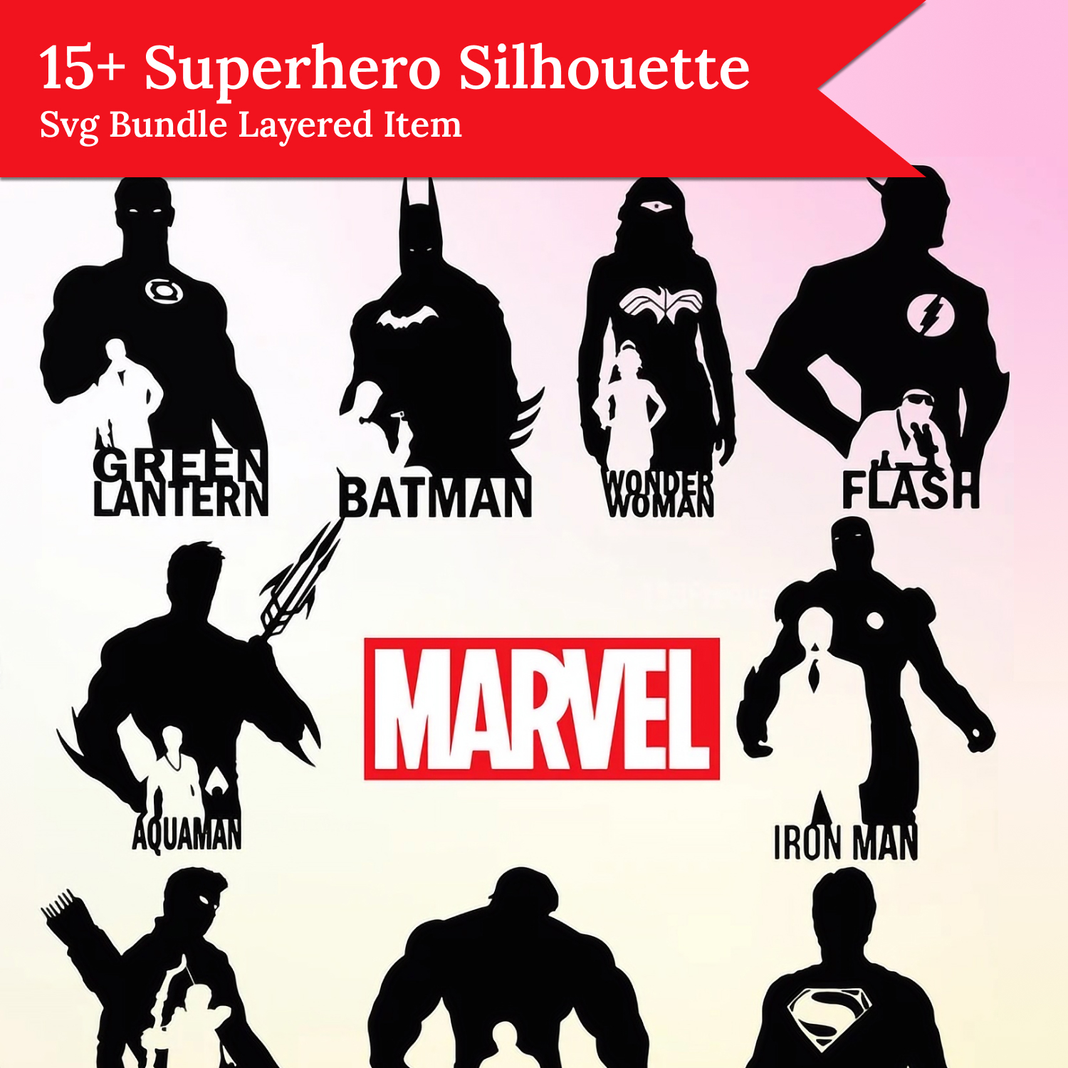 Preview superhero silhouette svg bundle layered item.