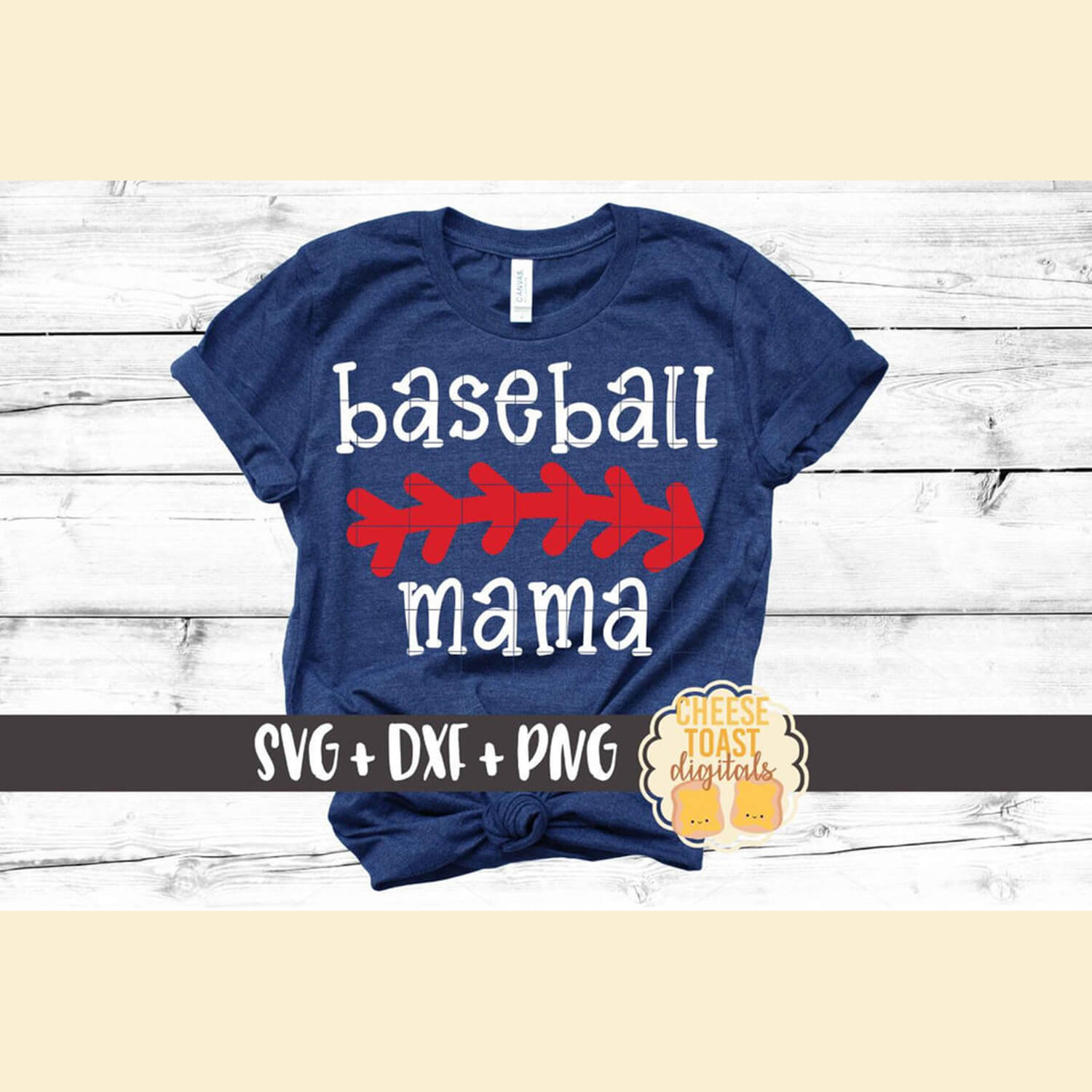 Close-up image of a blue Baseball Mama t-shirt.