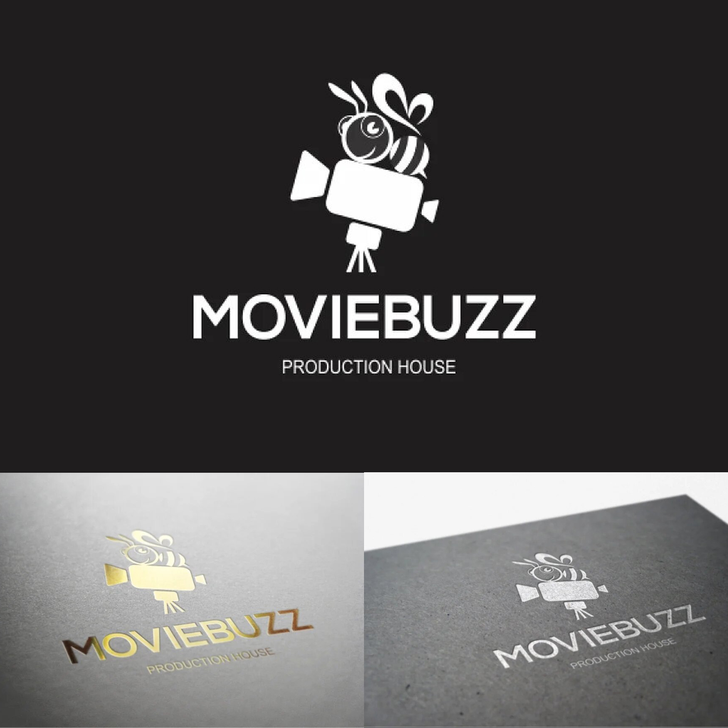 Logo in white with a picture of a cheerful bee with a professional camera.