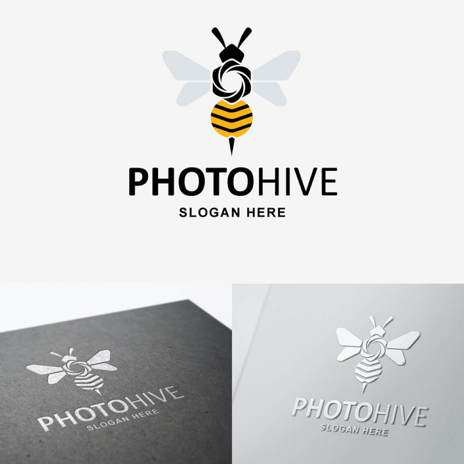 Variants of logos of bees with geometric wings and inscriptions Photohive.