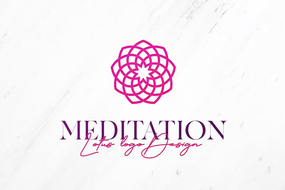 Logo with the image of a lotus with many petals and the inscription meditation on a white background.