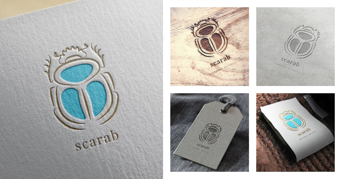 Four variations of the decorative scarab logo.